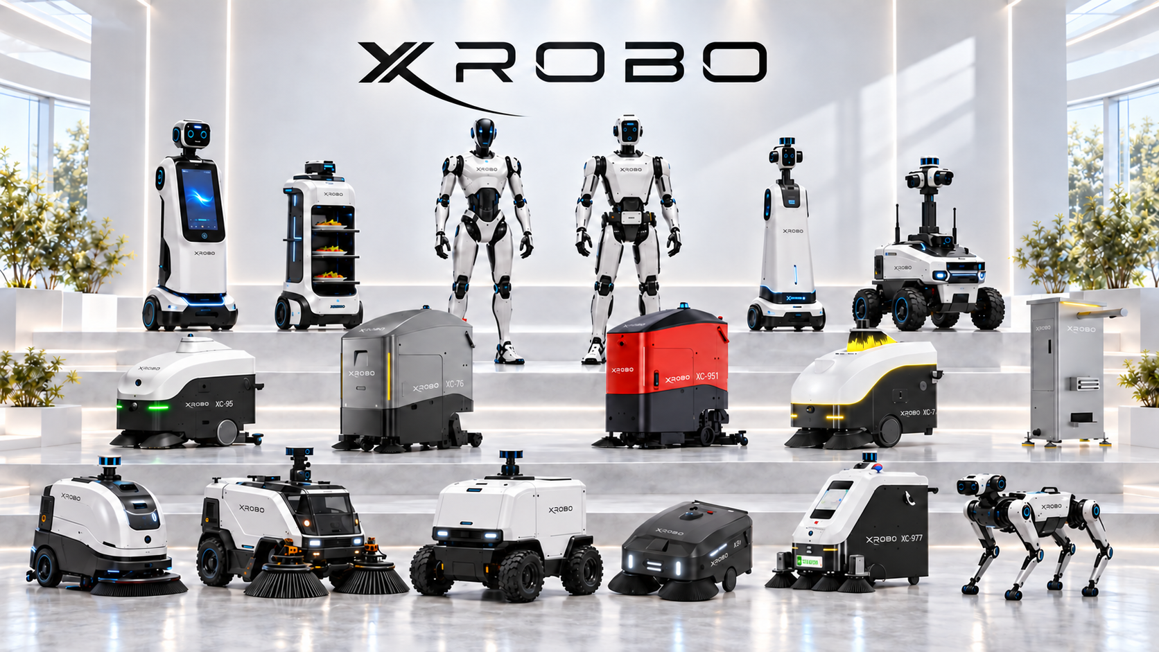 XROBO robot family: humanoids, robot dog, cleaning robots, delivery bases and wheeled platforms
